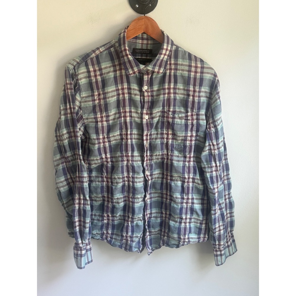 Banana Republic Untucked Slim Fit Plaid Shirt Organic Cotton Blend Purple Teal L